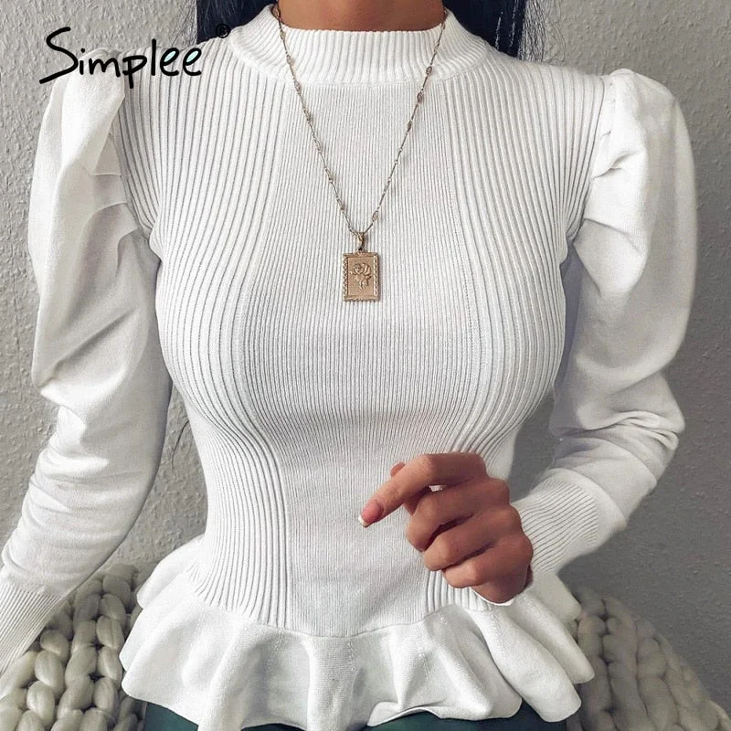 Simple elegant women's round neck solid white Long Sleeve Pullover Sweater  Autumn winter   female sweater ladies leisure jumper