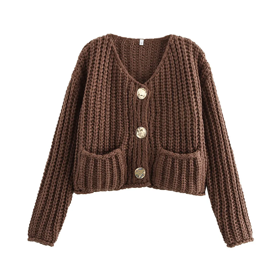 Nigikala Nigikala Women's Solid Color Single Buckle Double Pocket Short Thick Knit Shirt Coat Top B66004