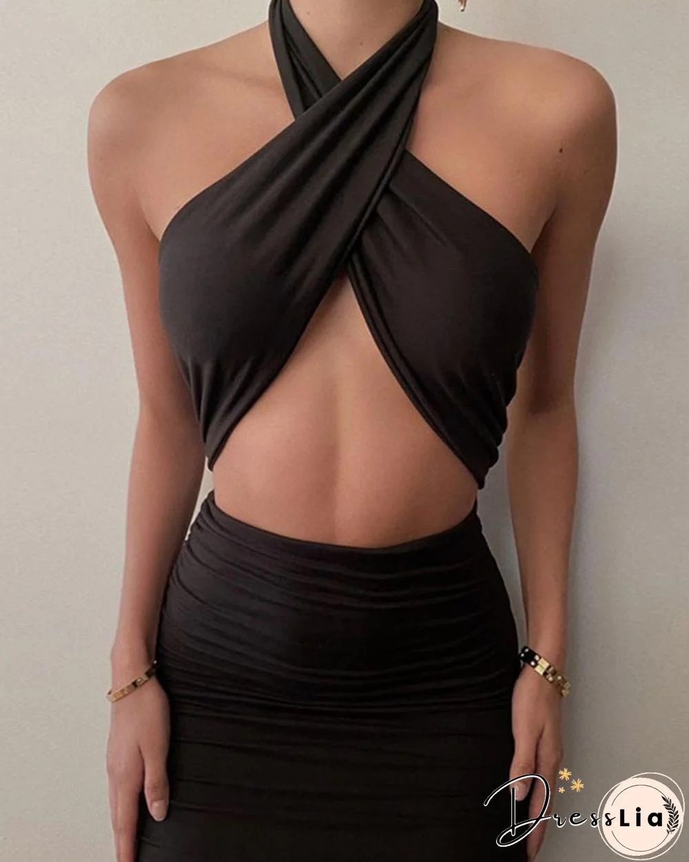 Solid Sleeveless Halter Skinny Cut-out Mini Dress P15283