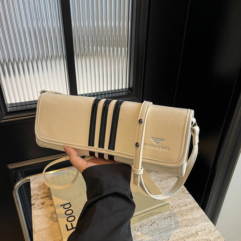 Women’s Medium Pu Leather Stripe Basic Vacation Streetwear Sewing Thread Square Flip Cover Shoulder Bag
