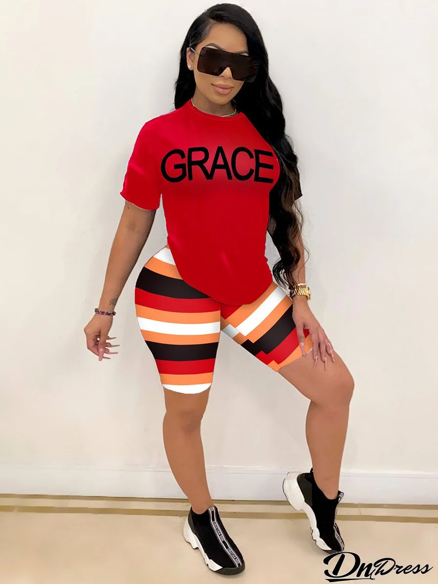 Summer Women letter printed short-sleeved top and shorts two-piece set