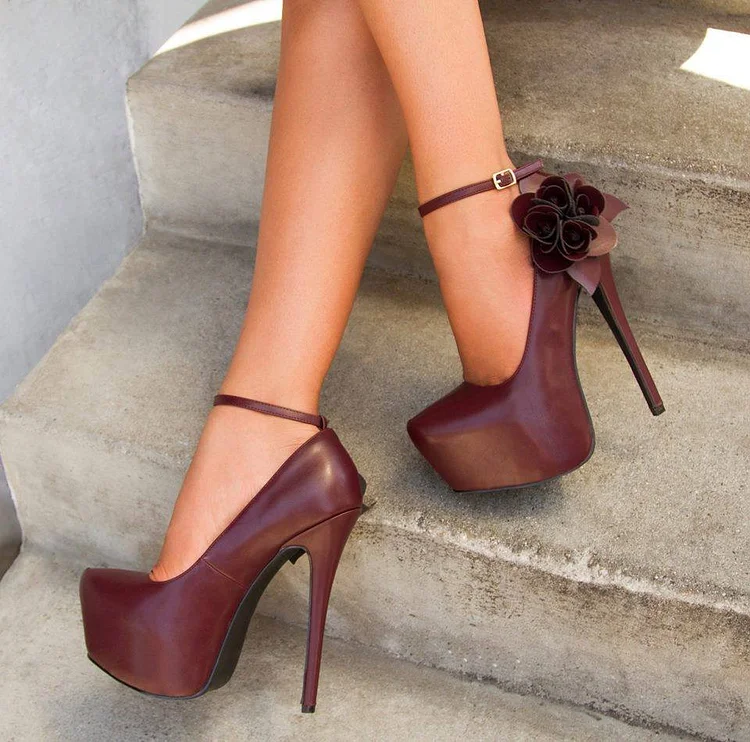 Maroon Flower Platform Stiletto Heels with Ankle Strap Vdcoo