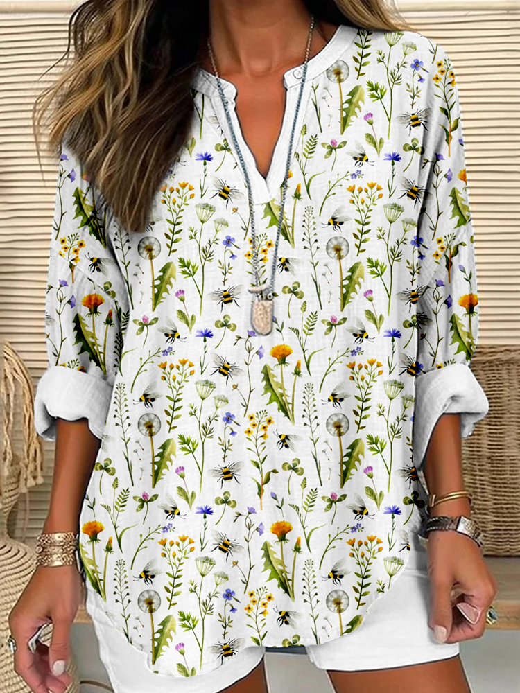 Comstylish Bees And Wildflowers Linen Blend Cozy Tunic