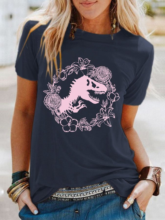 Vintage Dinosaur Floral Print T-Shirt