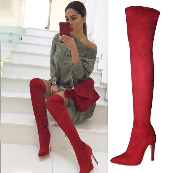 Women Stretch Faux Suede Slim Thigh High Boots Sexy Fashion Over The Knee Boots High Heels Woman Shoes - Shop Trendy Women's Clothing | LoverChic