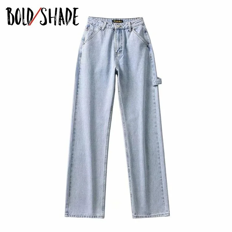 Bold Shade Streetwear Fashion Grunge Jeans High Waist Straight Boy Friend Pants Solid Teen Style Women Loose  Jeans Fall Winter