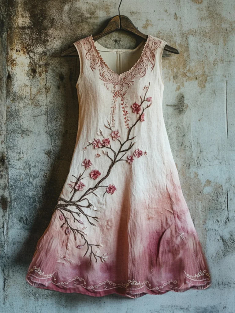 Vintage Celtic Knot With Cherry Blossoms Pattern Linen Tank Dress