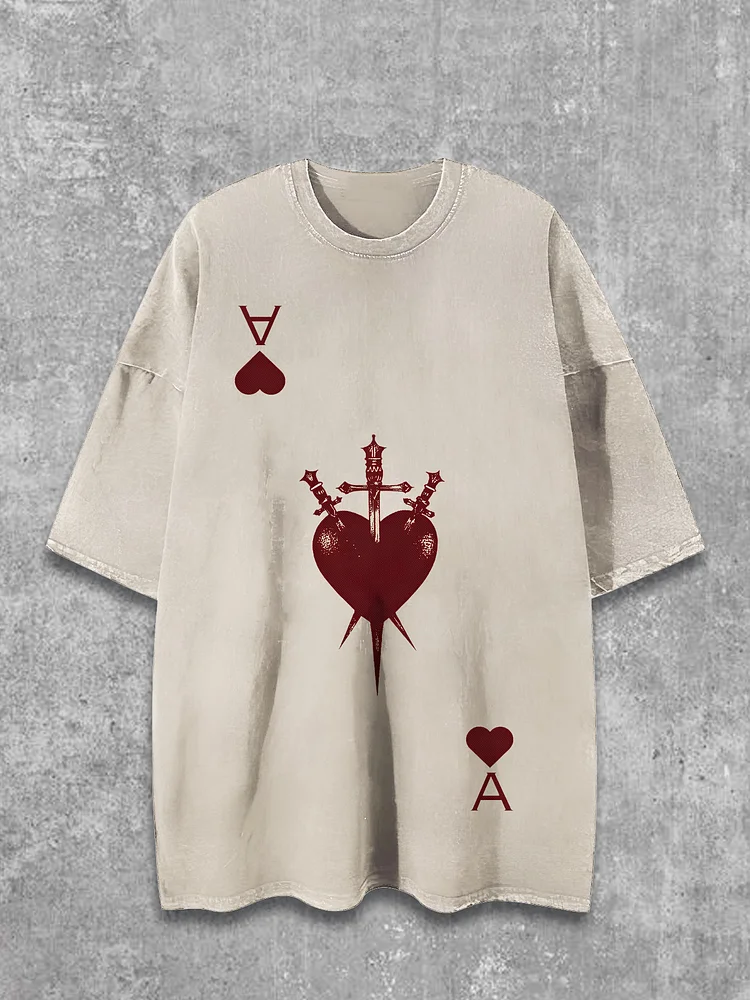 Men's Poker Ace Sword Through The Heart Print Cotton Washed T-Shirt