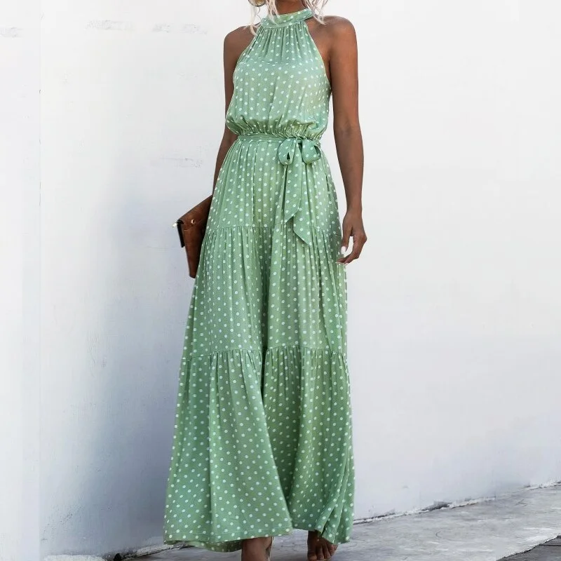 2021 Summer New Elegant Sexy beach long Dress Women Fashion Print Flowers Polka-dot Ladies Halter boho dress women vestidos
