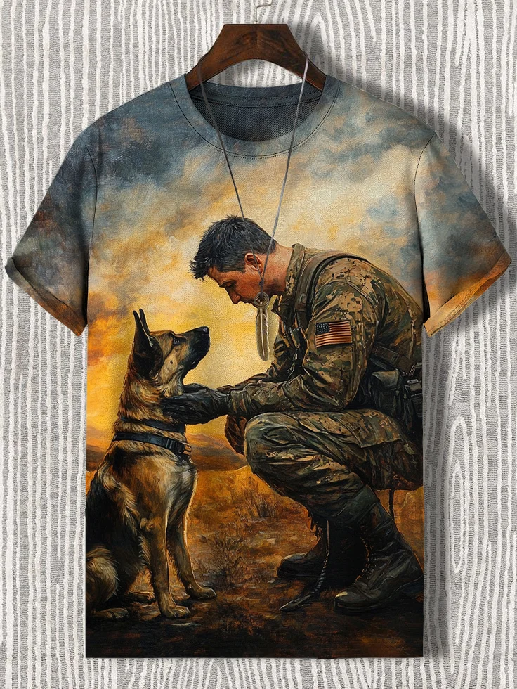 Men's Retro Veteran And His Dog Friend Oil Painting Art Print Casual T-Shirt