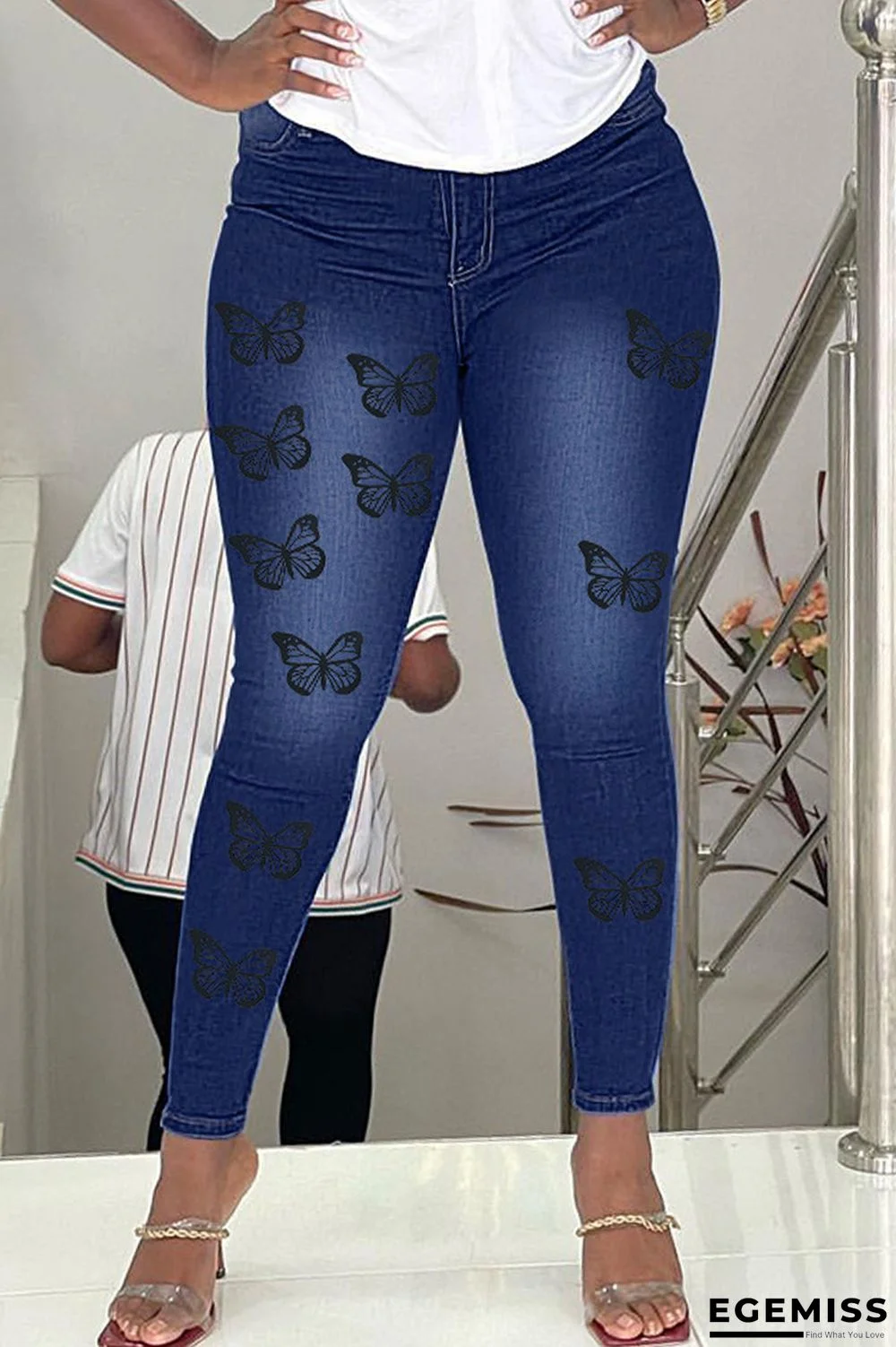 Deep Blue Fashion Casual Butterfly Print Patchwork High Waist Skinny Denim Jeans | EGEMISS