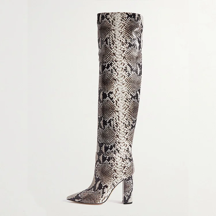 Pointy Toe Snakeskin Boots Elegant Chunky Heels Fashion Calf Boot |FSJ Shoes