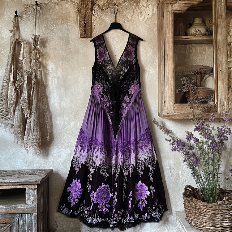 Bohemian Lavender Embroidery Patchwork Art Sleeveless  Cozy Linen Maxi Dress