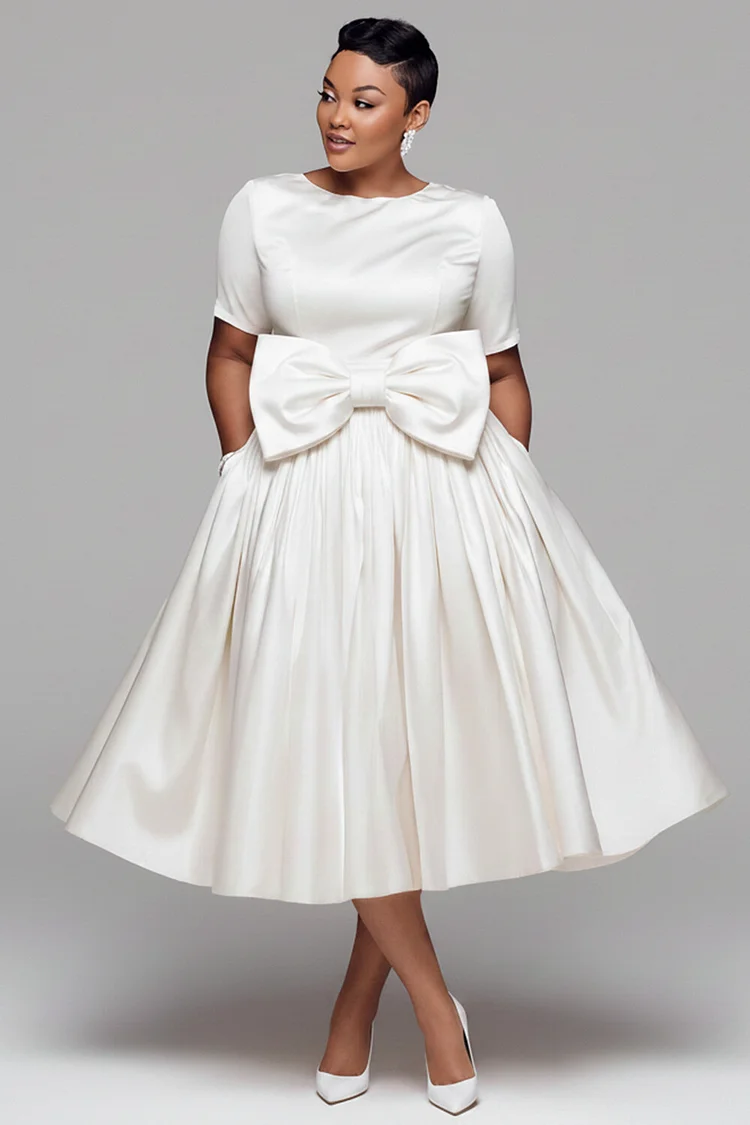 Xpluswear Design Plus Size Cocktail Party Elegant White Round Neck Short Sleeve Bow Tie Pocket Satin Midi Dresses [Pre-Order] 2024 - Xpluswear