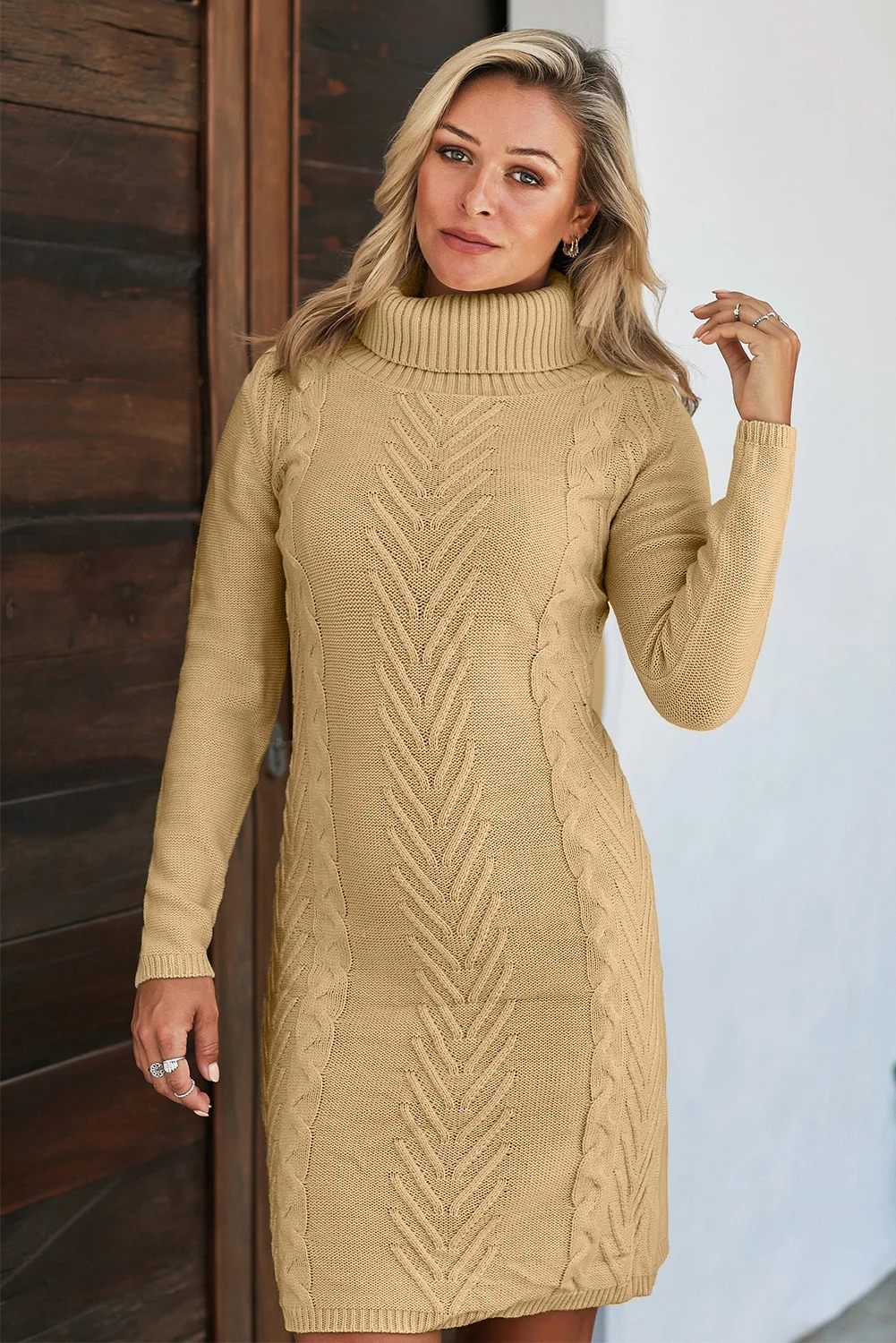 Khaki Hand Knitted High Neck Sweater Dress | IFYHOME