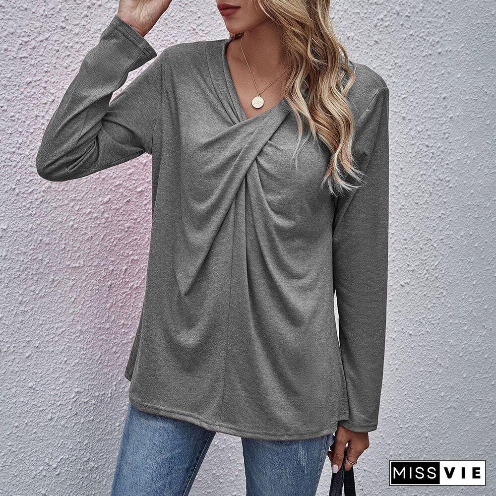 Autumn Spring Tops Women Casual Long Sleeve Cross Neck T-Shirts Fashion Female Stitching Tees Loose Pullover Solid Tops