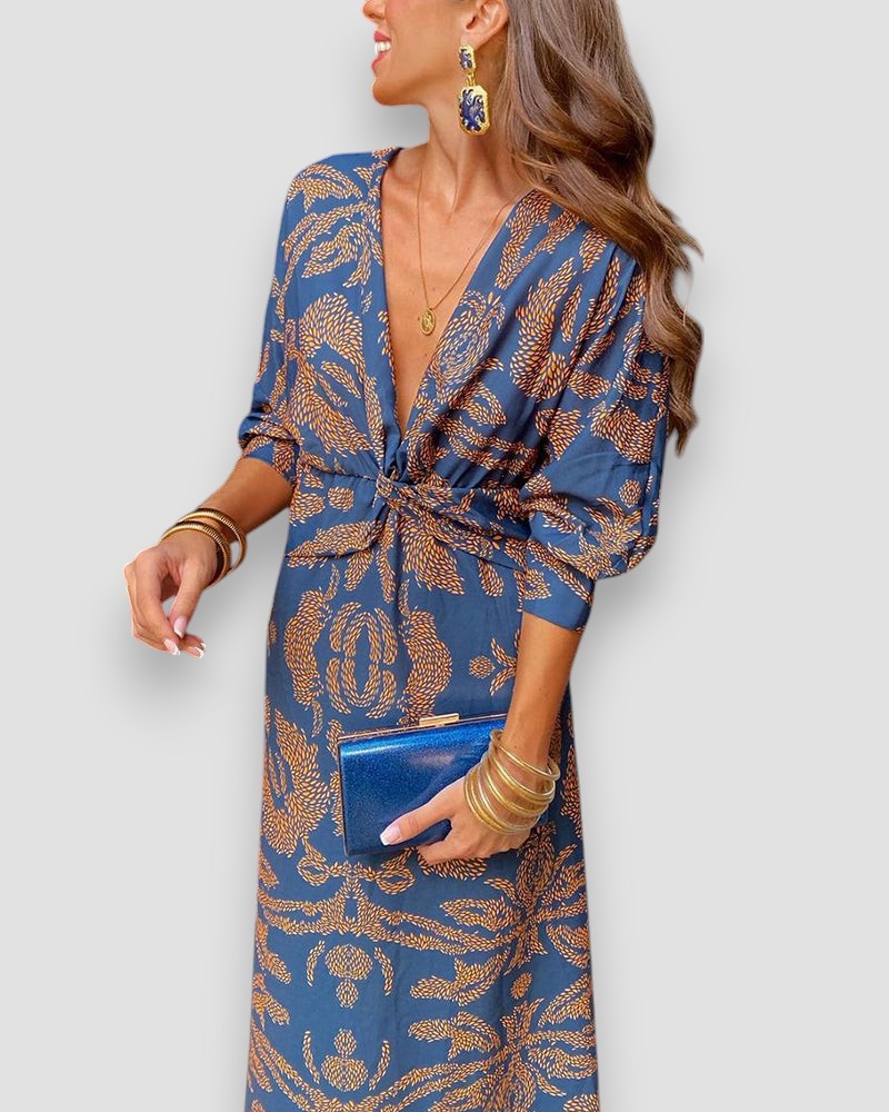 Damen Kleid Langarm V-Ausschnitt Print Knotendetail Elegant-83293-6c407eba-bc05-43bf-969d-3dc9aea86bf8