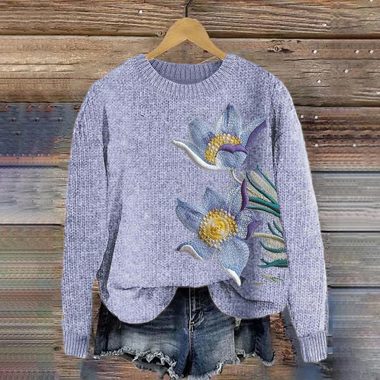 VChics Vintage Floral Comfy Round Neck Knit Sweater