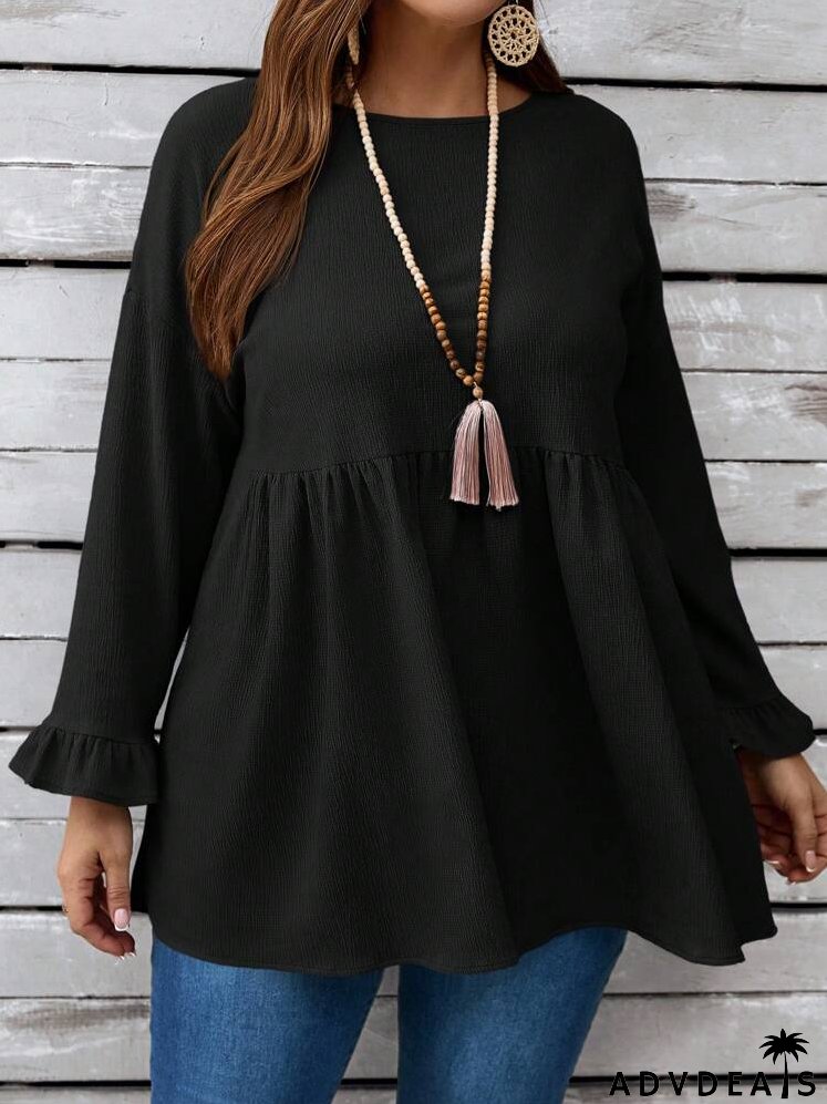 Plus Size Women's Spring/Summer Solid Color Round Neck Long Sleeve Loose Cute Blouse