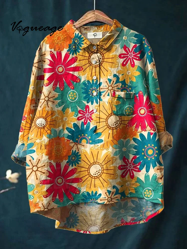 Bright Colorful Plants And Flowers Print Cotton And Linen Shirt