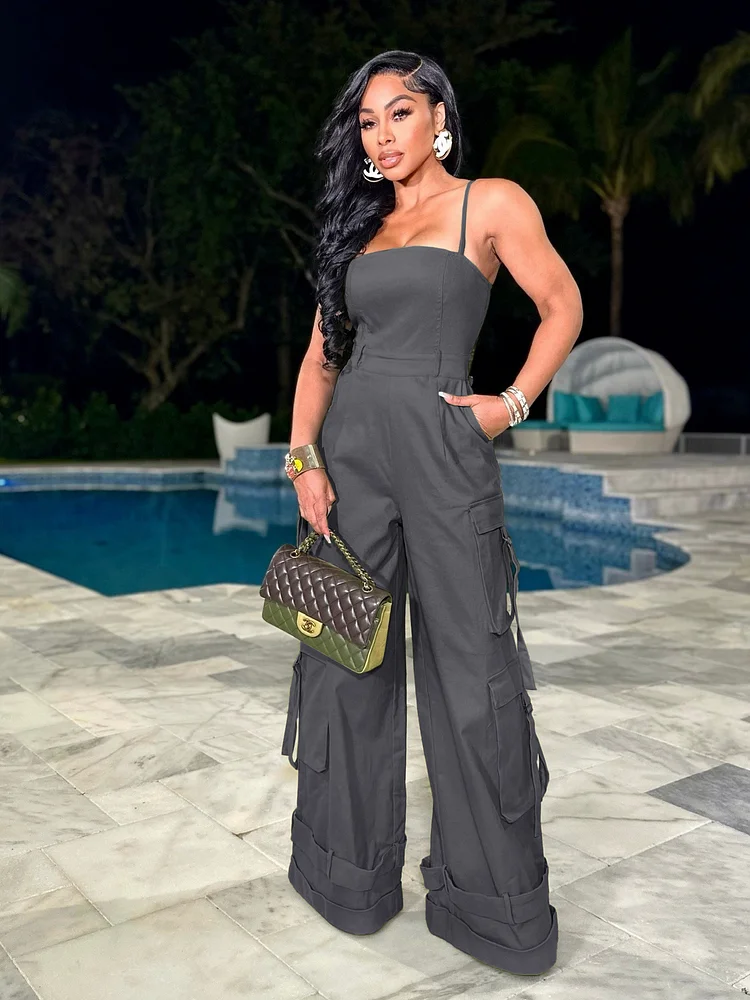 Women's Tube Top Multi-pocket Workwear Wide Leg Jumpsuit