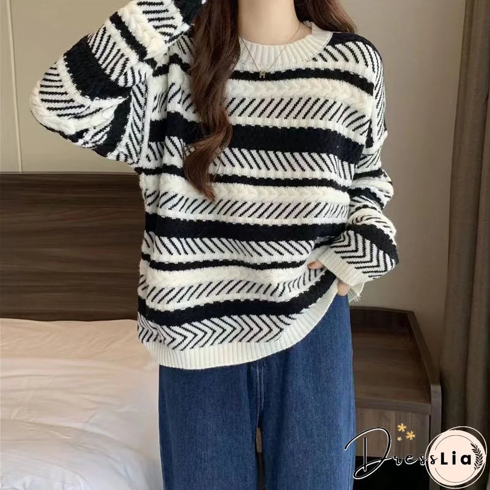 Korean Striped Sweet Knitted Sweaters Women Fashion Harajuku Autumn Winter Lazy Wind Y2k Pullovers Casual All-match Tops