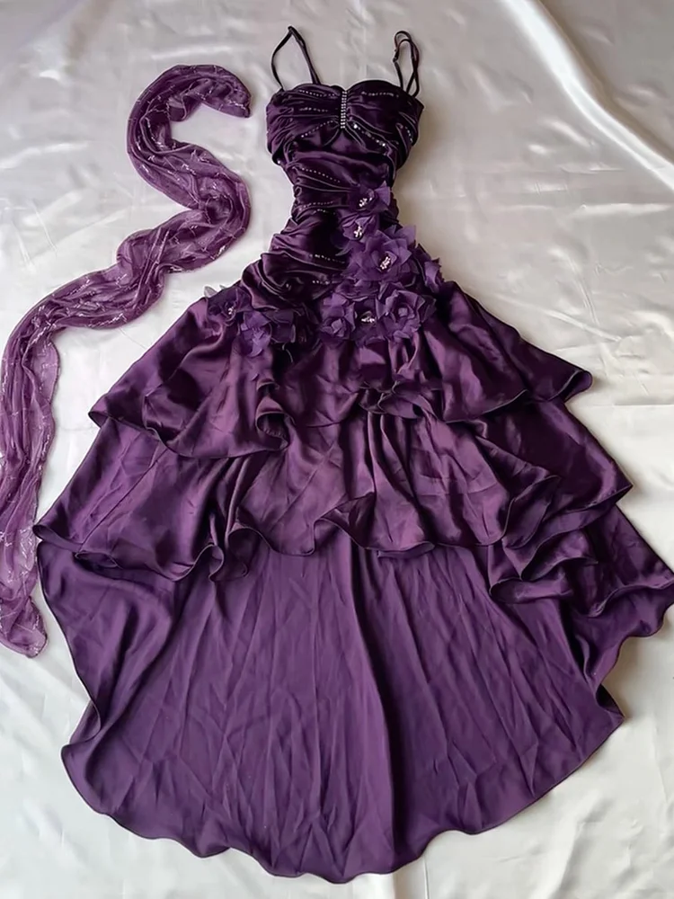 3D Flower Rhinestone Ruffled Sleeveless Spaghetti-Neck Satin Maxi Dresses Fairytale Drexss