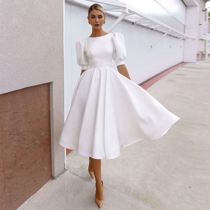 Temperament Short Sleeve Middle Skirt White Dresses