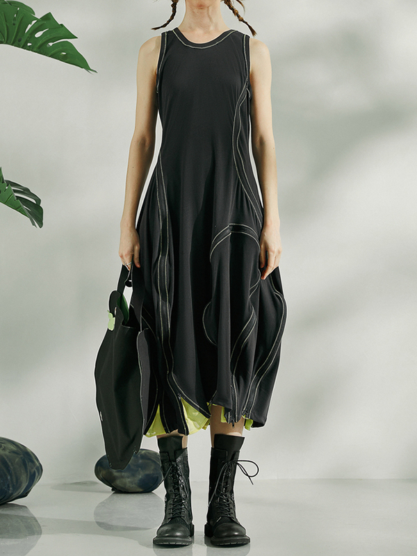 Irregular Colorblock Hem Sleeveless Midi Dress