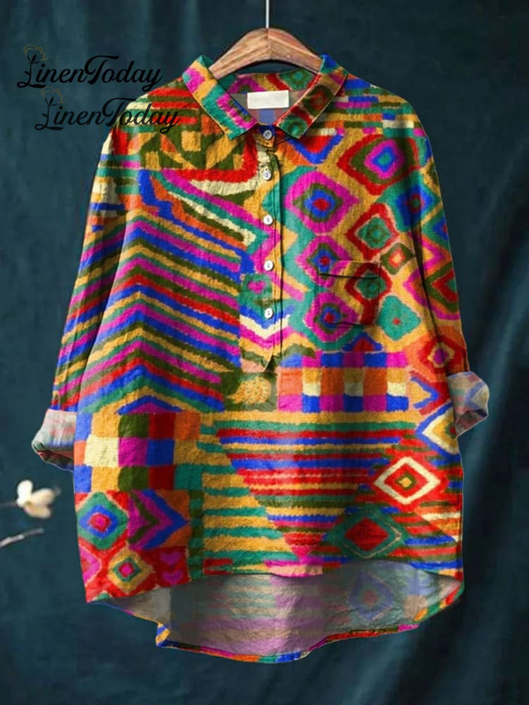 Women’s Vintage Ethnic Art Print Casual Cotton And Linen Shirt / S