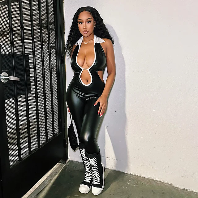 Sexy Summer Women Jumpsuits Hollow Out Turn Down Halter White Black Patchwork Long Pencil Leather Jumpsuit Night Clubwear