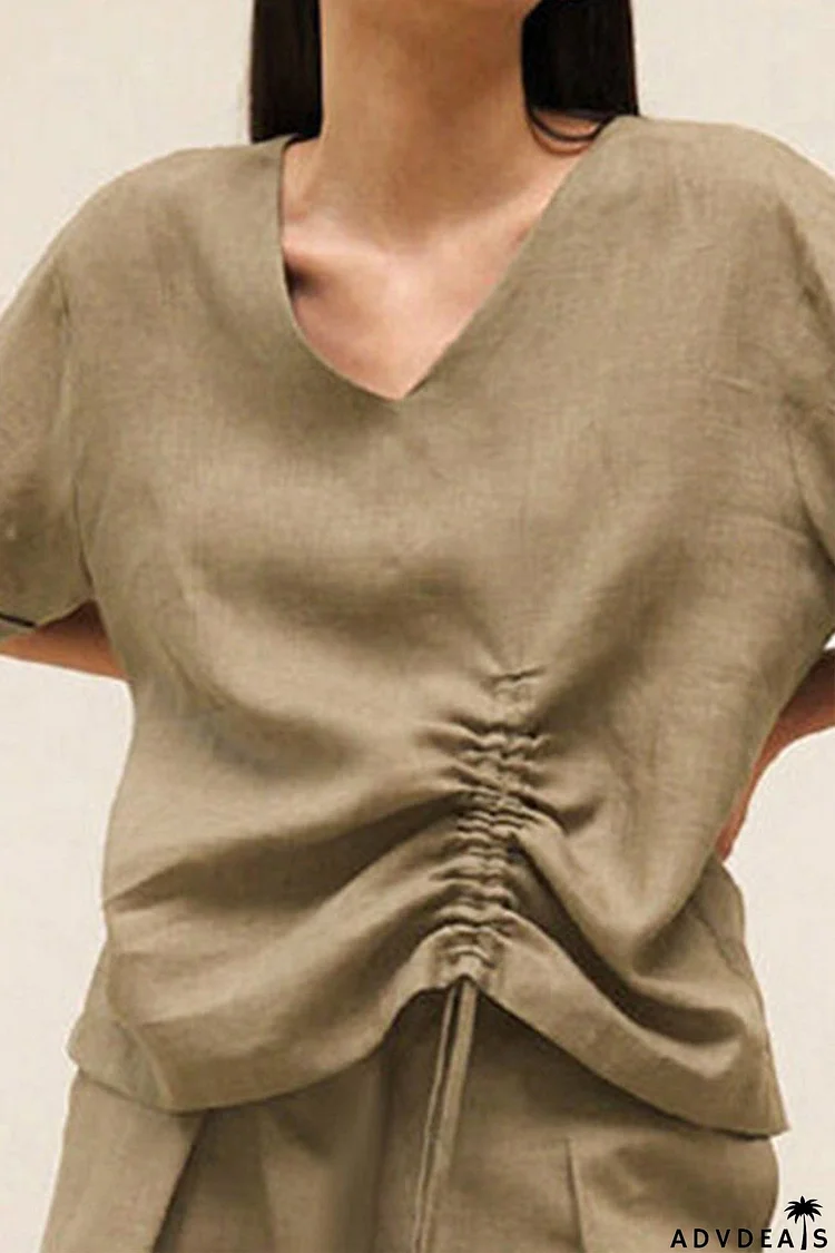 Linen V Neck Short Sleeve Drawstring T-shirt