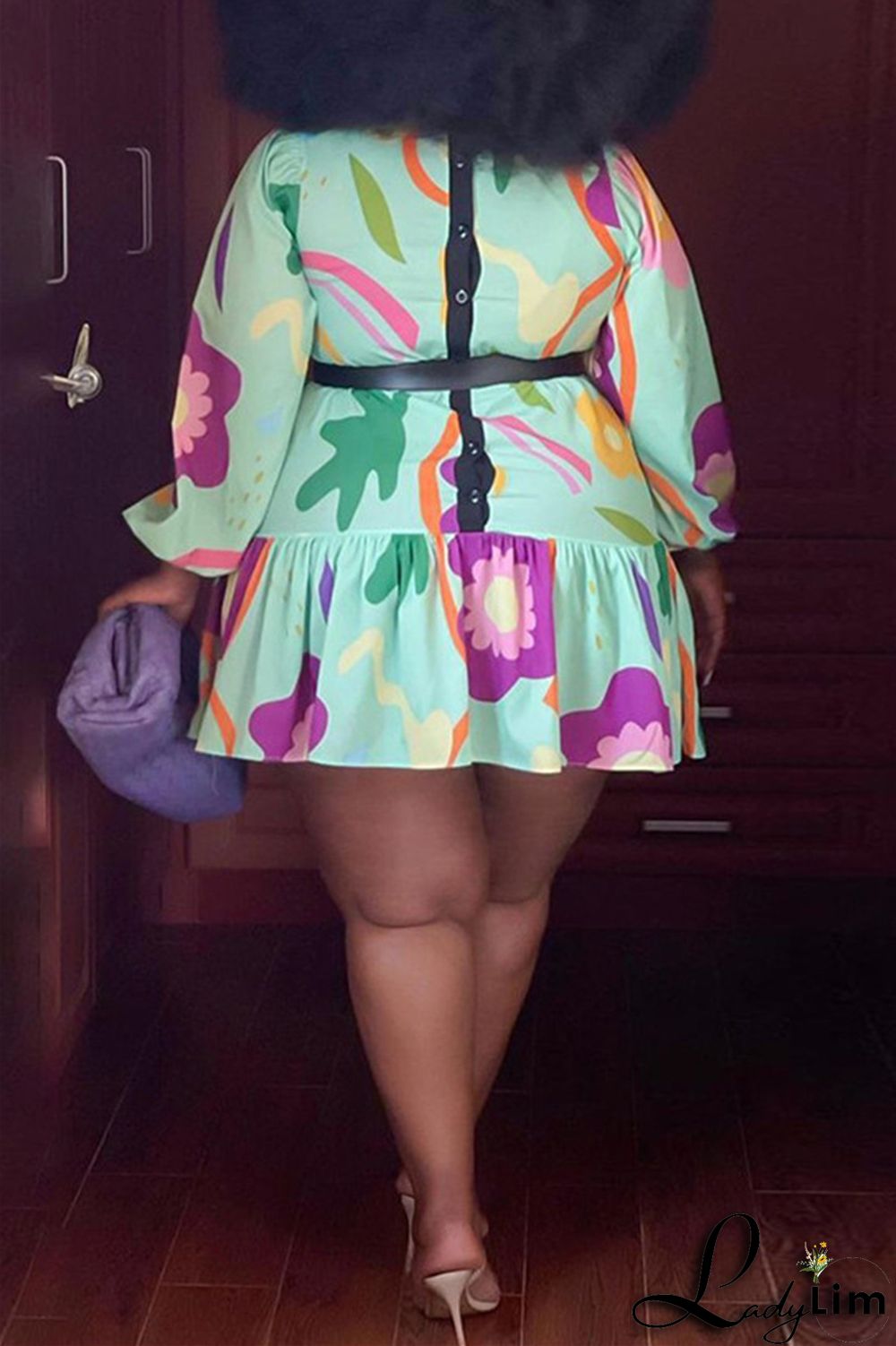 Green Fashion Casual Print Patchwork With Belt O Neck Long Sleeve Plus Size Dresses