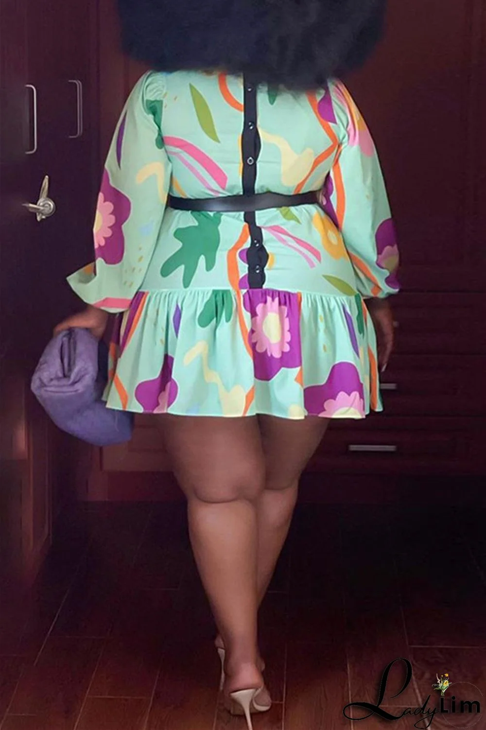 Green Fashion Casual Print Patchwork With Belt O Neck Long Sleeve Plus Size Dresses