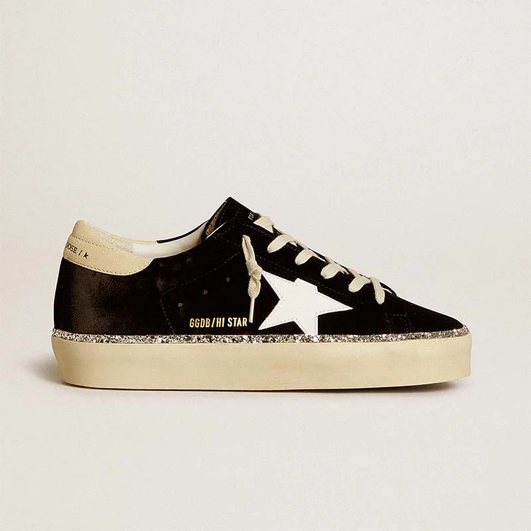 Golden Goose Hi Star de terciopelo negro con estrella de cuero blanco y refuerzo del talón de ante