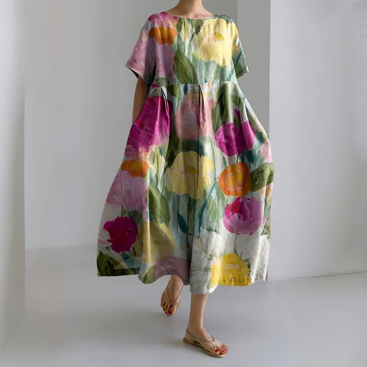 Women's Colorful Flower Painting Casual Loose Dress
