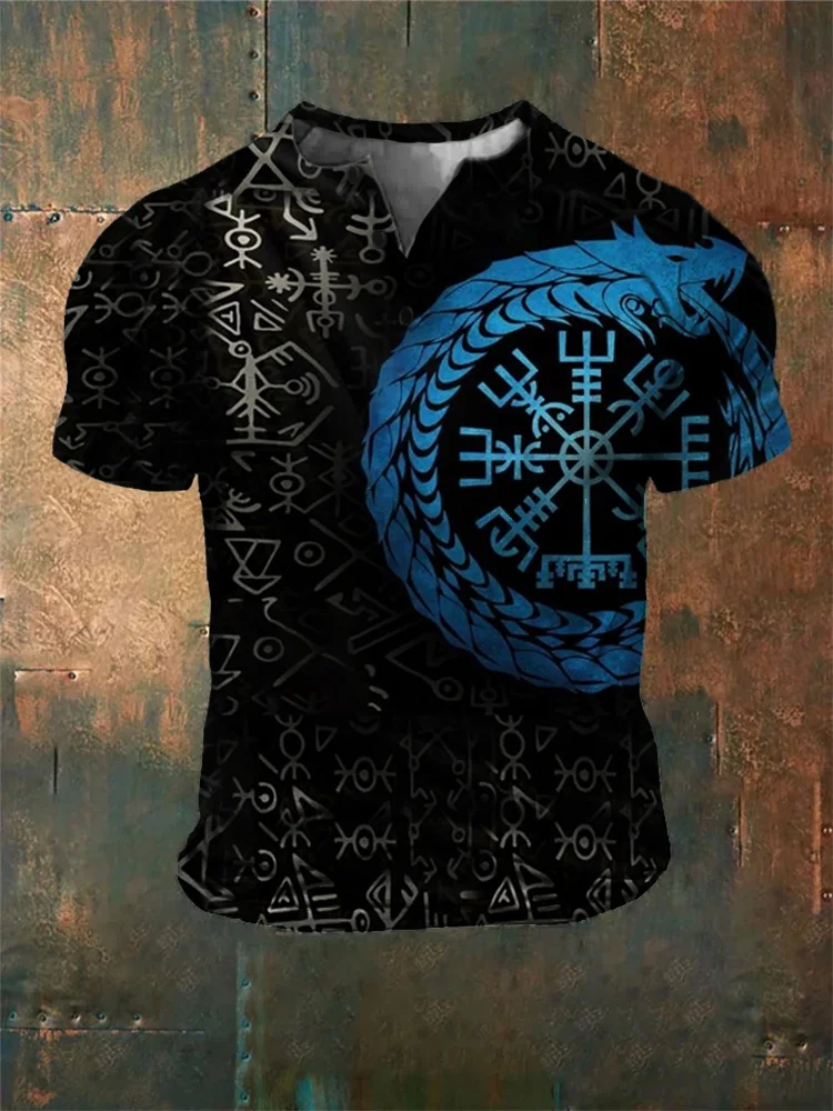 Broswear Men's Viking Culture Abstract Dragon Totem Print Vintage Henley Shirt