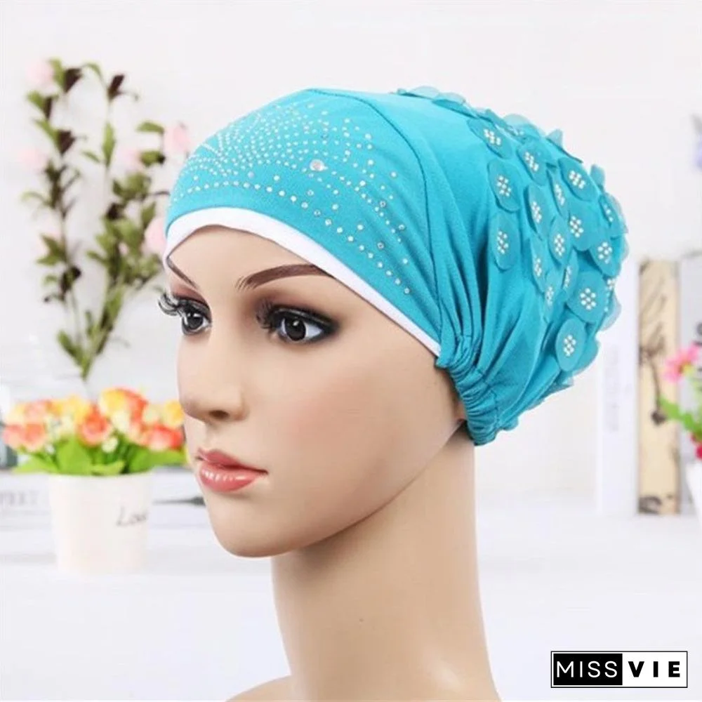 Women's Sequins Flowers Muslim Turban Hat Cap