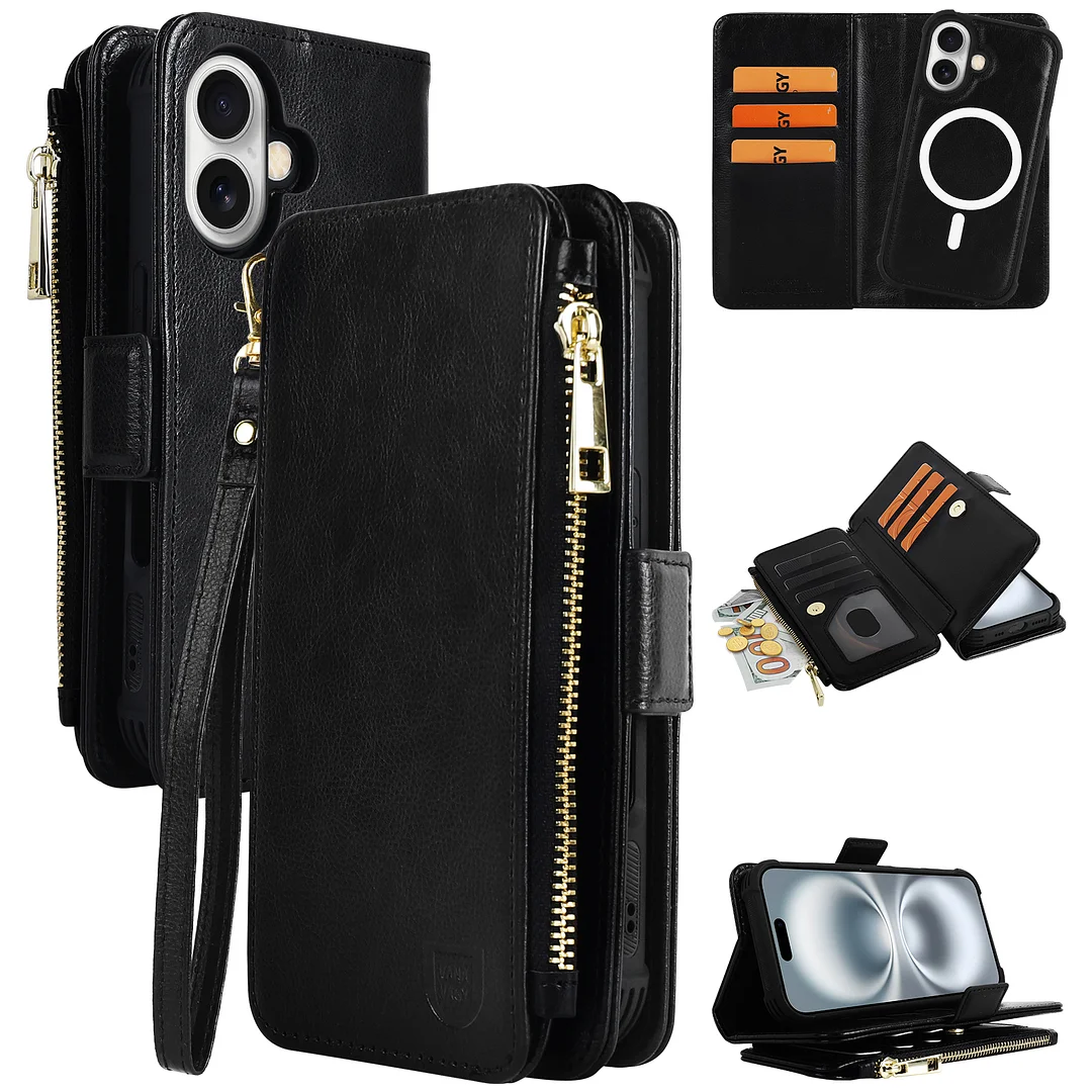 VANAVAGY Compatible for iPhone 16 Case Wallet with Strap RFID Blocking Card Holder for Magsafe, PU Leather Magnetic Flip Zipper Wallet Detachable Phone Case with Kickstand for iPhone 16