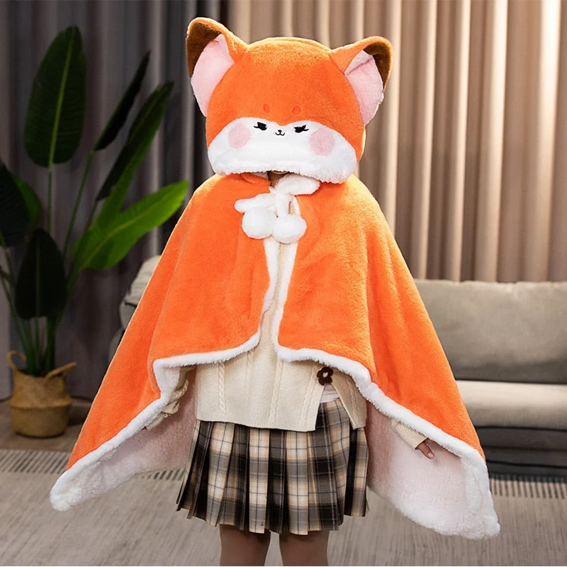 Lovely Orange Fox Plush Cape Hoodie Blanket | NEW