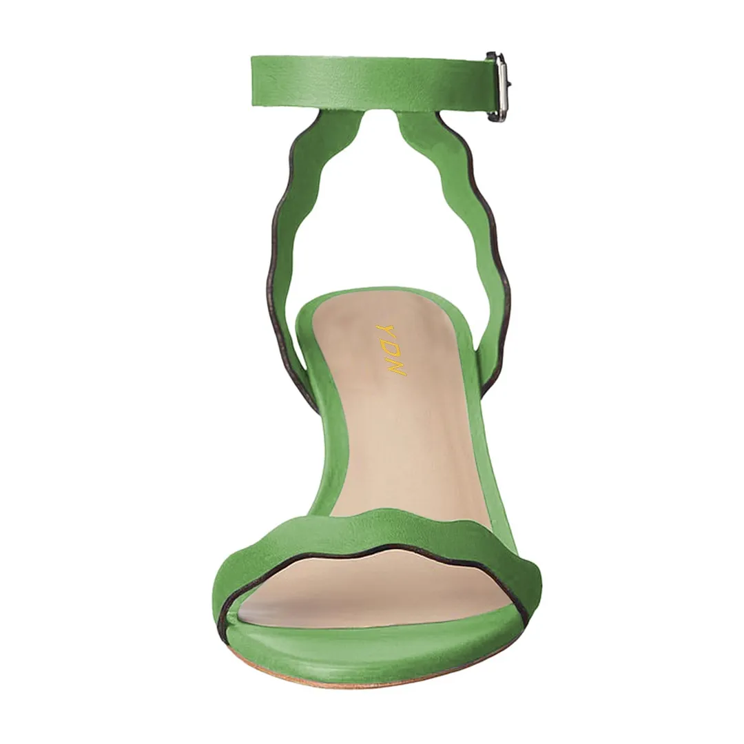 Green Open Round Toe Ripple Strappy Stiletto Heeled Sandals
