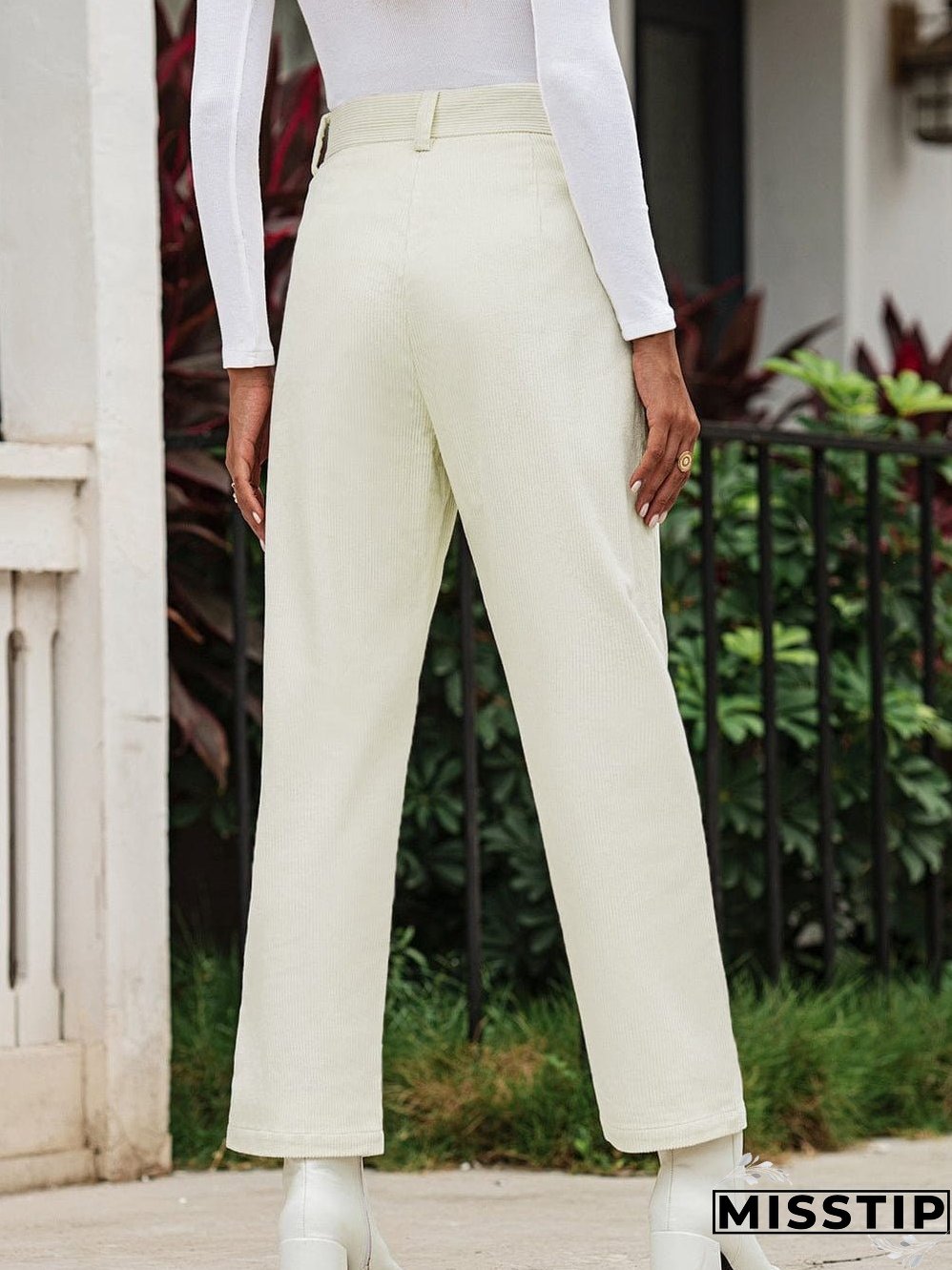 Beige Corduroy High Waist Trousers for Winter Casual Wear