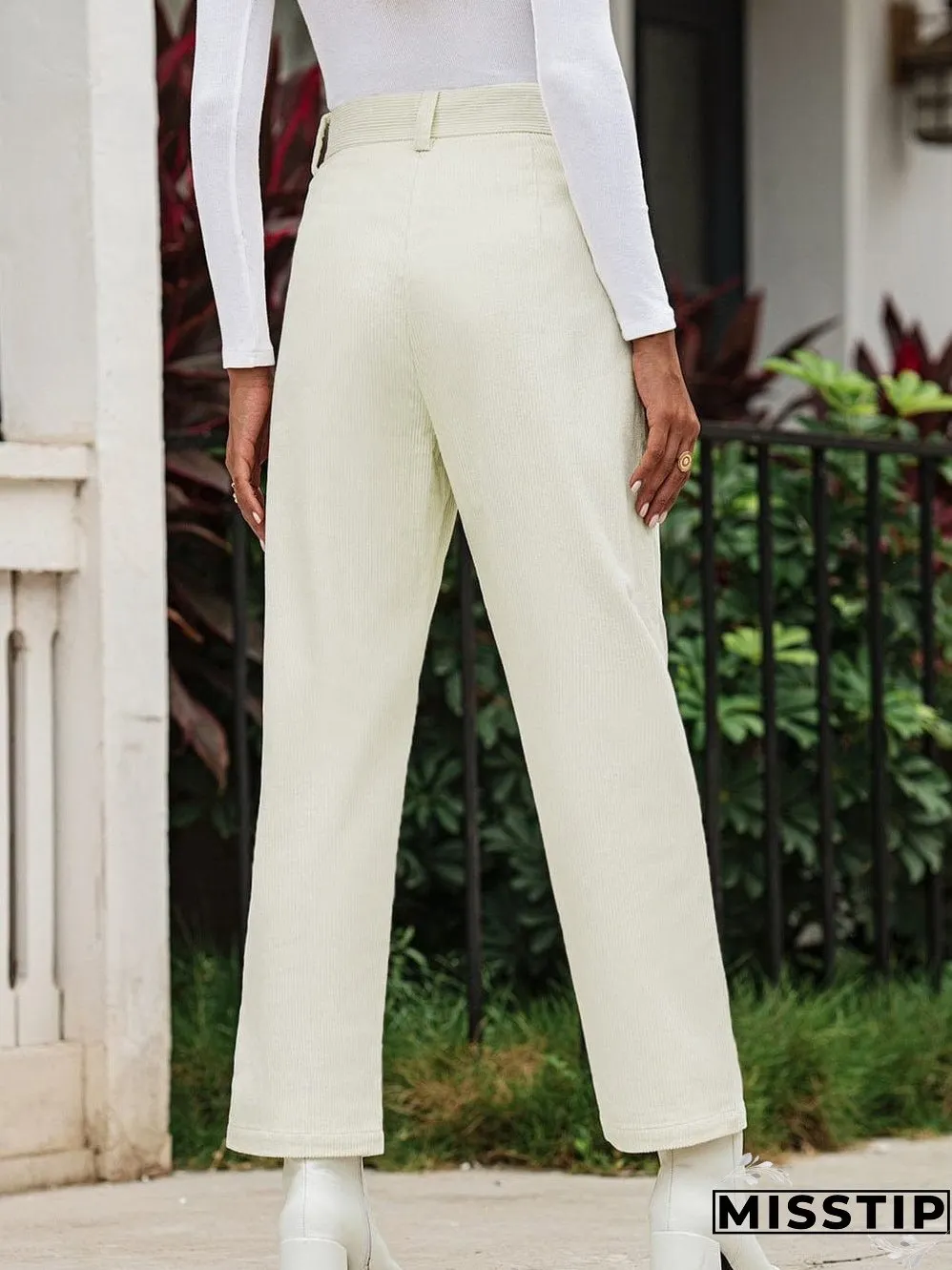 Beige Corduroy High Waist Trousers for Winter Casual Wear