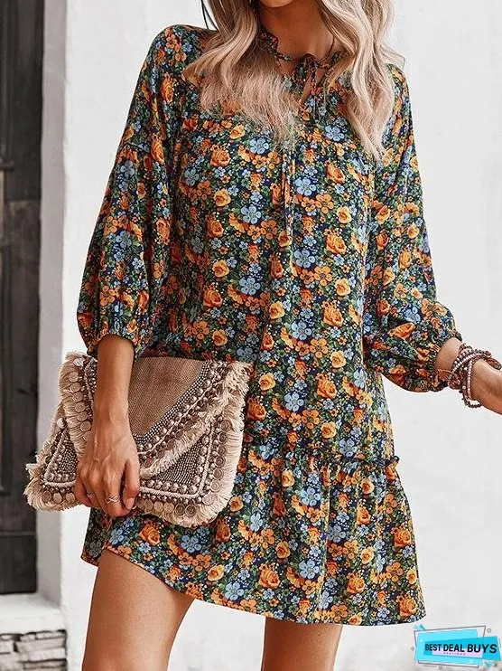 Printed Long Sleeve Casual Holiday Dress
