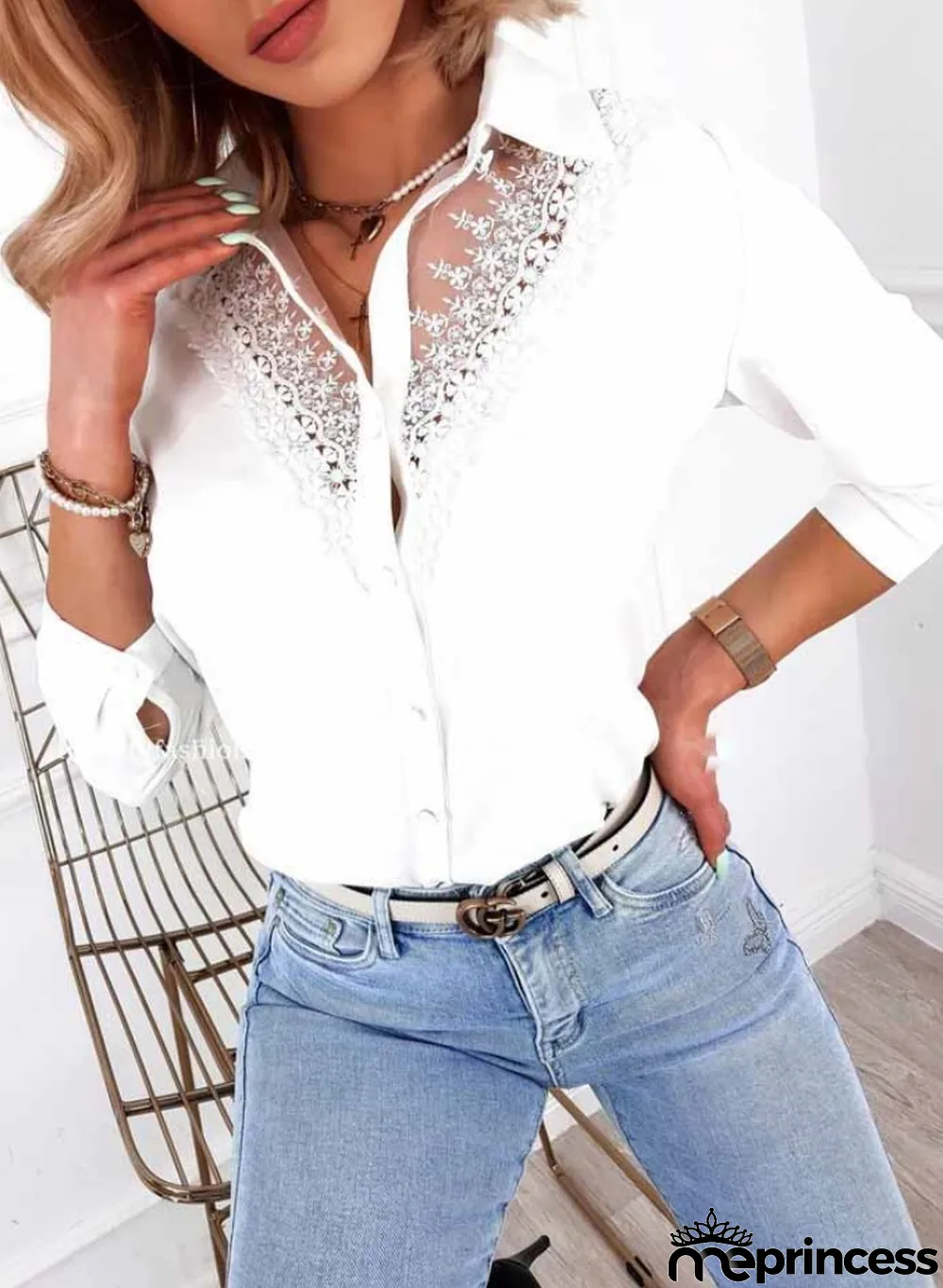 Fall White Mesh Patch Button Up Long Sleeve Formal Blouse