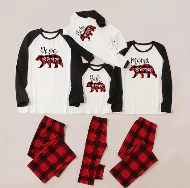 Mama&Papa Bear Plaid Print Christmas Family Matching Pajamas set