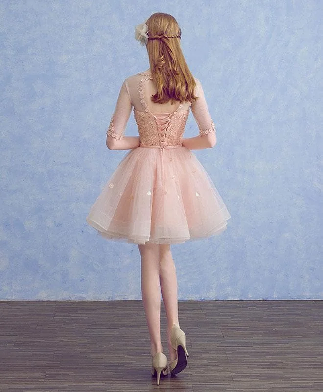 Cute Round Neck Tulle Applique Short Prom Dress, Pink Homecoming Dress