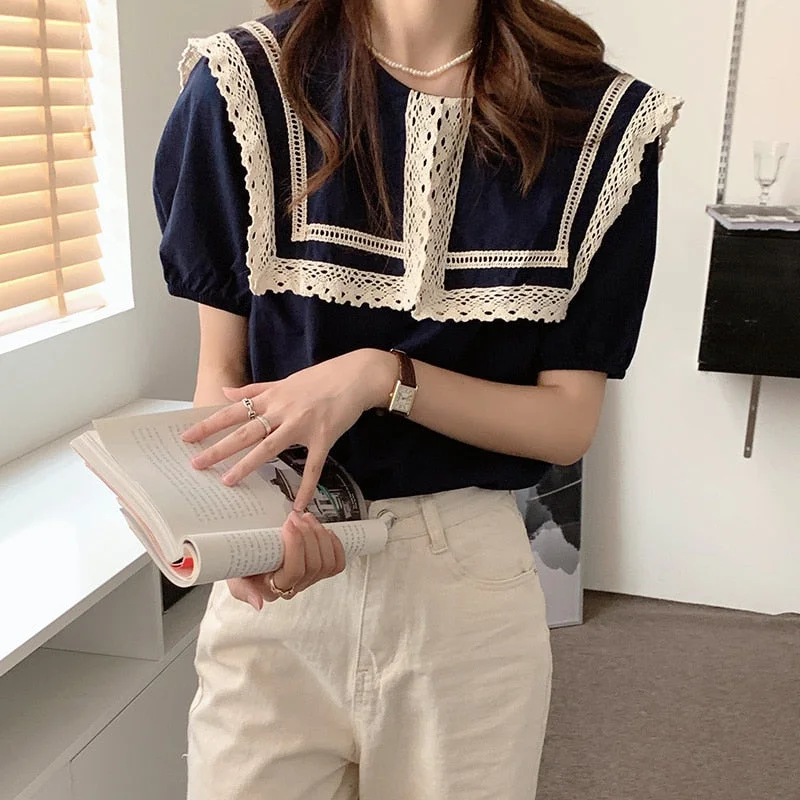 Uforever21  Color-Hit Sweet Fashion Chic Office Ladies Summer Women Sailor Collar Tops Short-Sleeved All-Match Shirts Lace Blouse