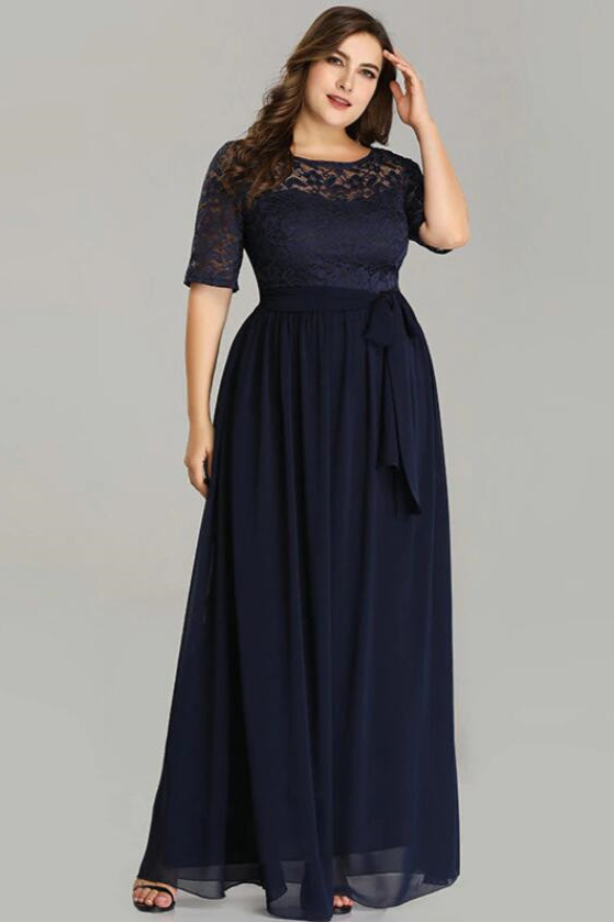 Gorgeous Half Sleeve Lace Long Chiffon Plus Size Evening Gowns Online