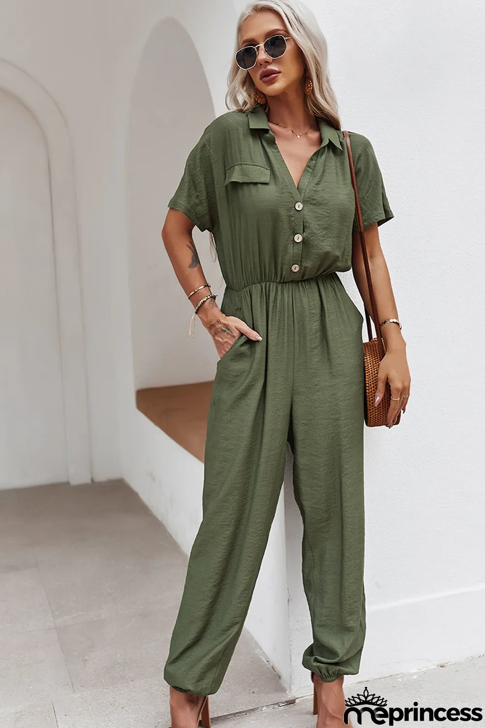 Summer Casual Solid Button Up Loose Jumpsuit